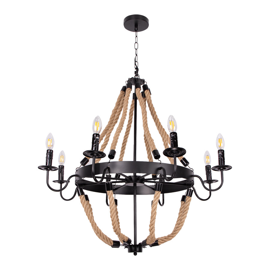 LUSTRE 8XE14 220V NOIR+CORDE DE CHANVRE D900*1060